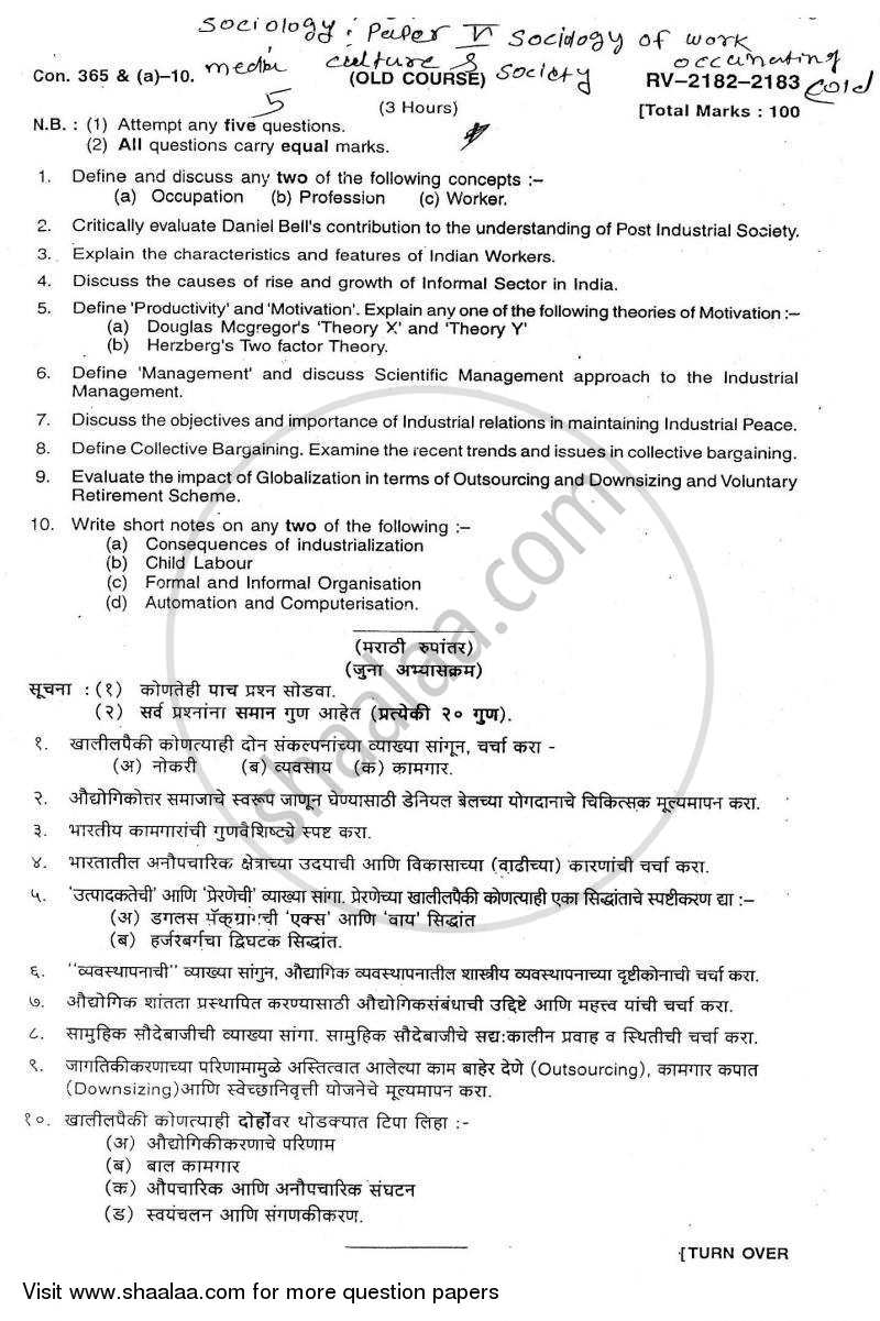 Sociology of Work 2009-2010 - B.A. - Semester 5 (TYBA) - University of Mumbai question paper with PDF download