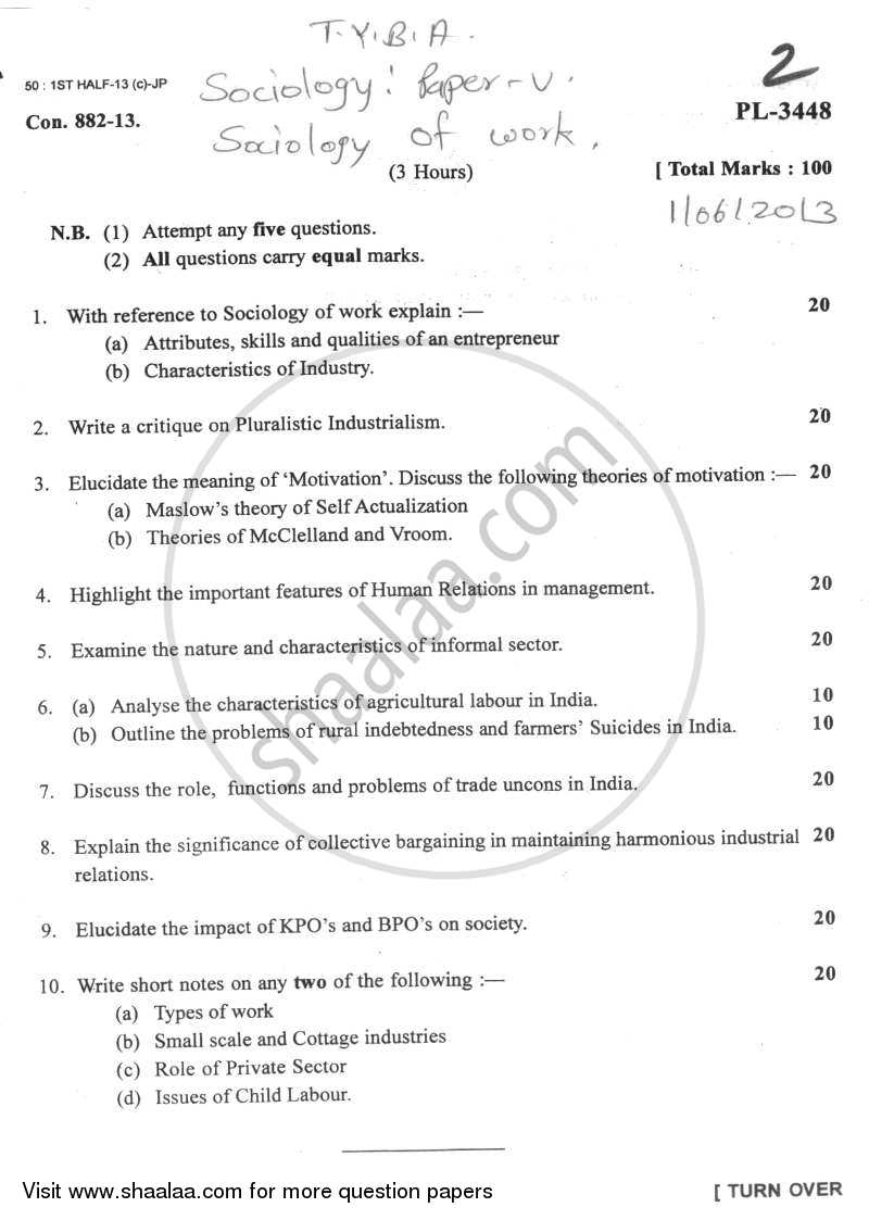 Sociology of Work 2012-2013 - B.A. - Semester 5 (TYBA) - University of Mumbai question paper with PDF download