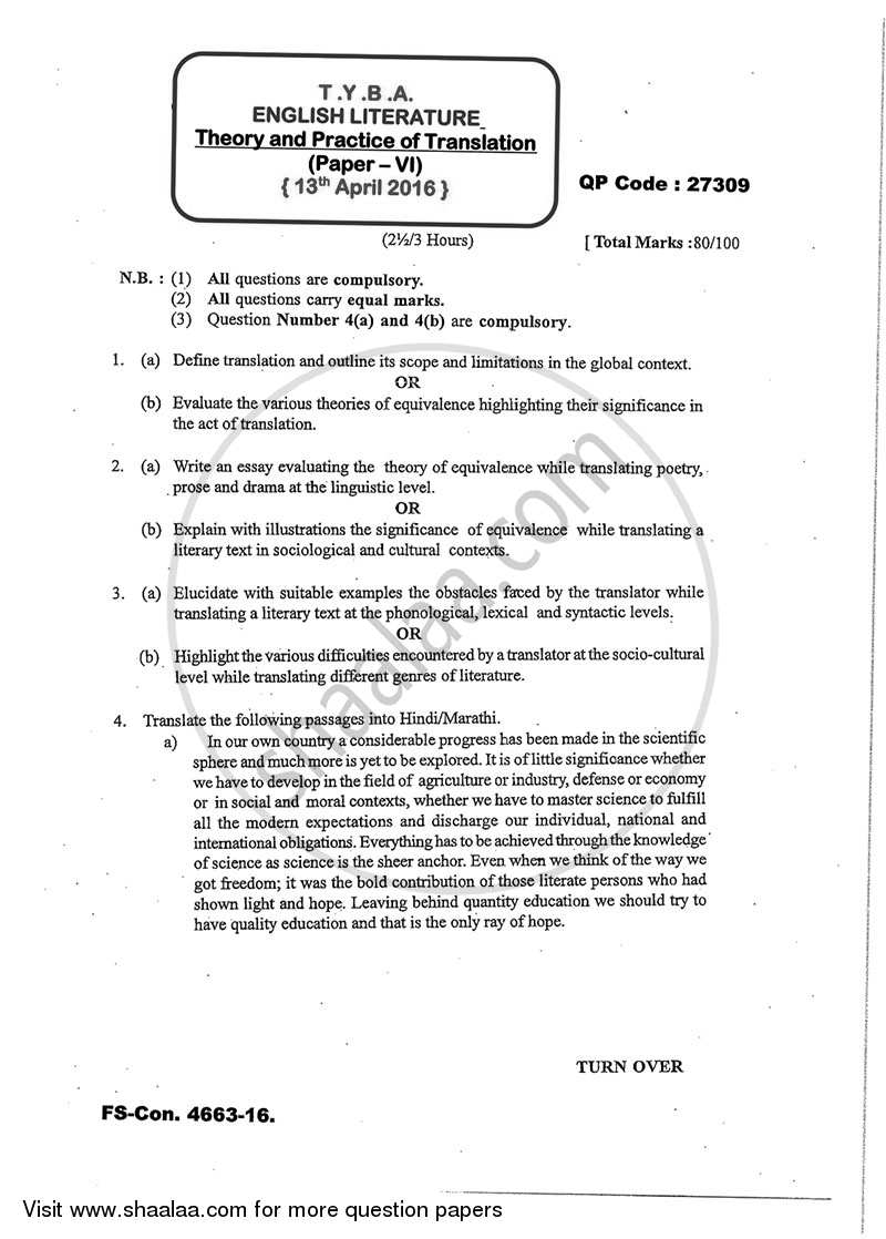 Theory and Practice of Translation 2015-2016 - B.A. - 3rd Year (TYBA) - University of Mumbai question paper with PDF download