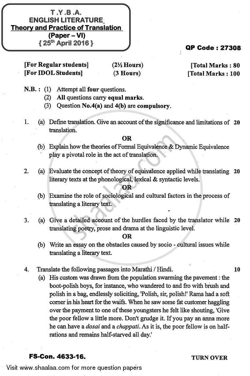 Theory and Practice of Translation 2015-2016 - B.A. - 3rd Year (TYBA) - University of Mumbai question paper with PDF download