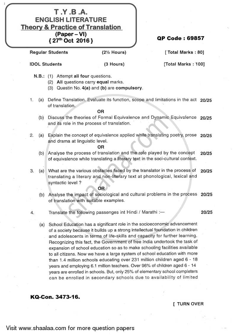 Theory and Practice of Translation 2016-2017 - B.A. - 3rd Year (TYBA) - University of Mumbai question paper with PDF download