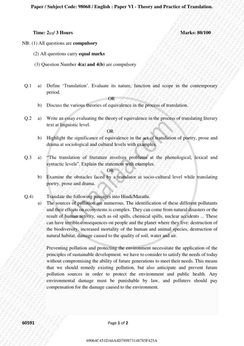 Theory and Practice of Translation 2018-2019 - B.A. - 3rd Year (TYBA) - University of Mumbai question paper with PDF download