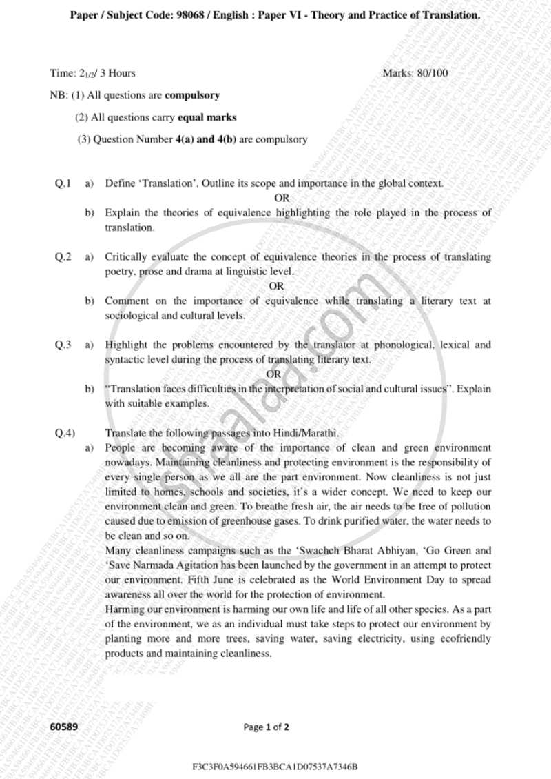 Theory and Practice of Translation 2018-2019 - B.A. - 3rd Year (TYBA) - University of Mumbai question paper with PDF download