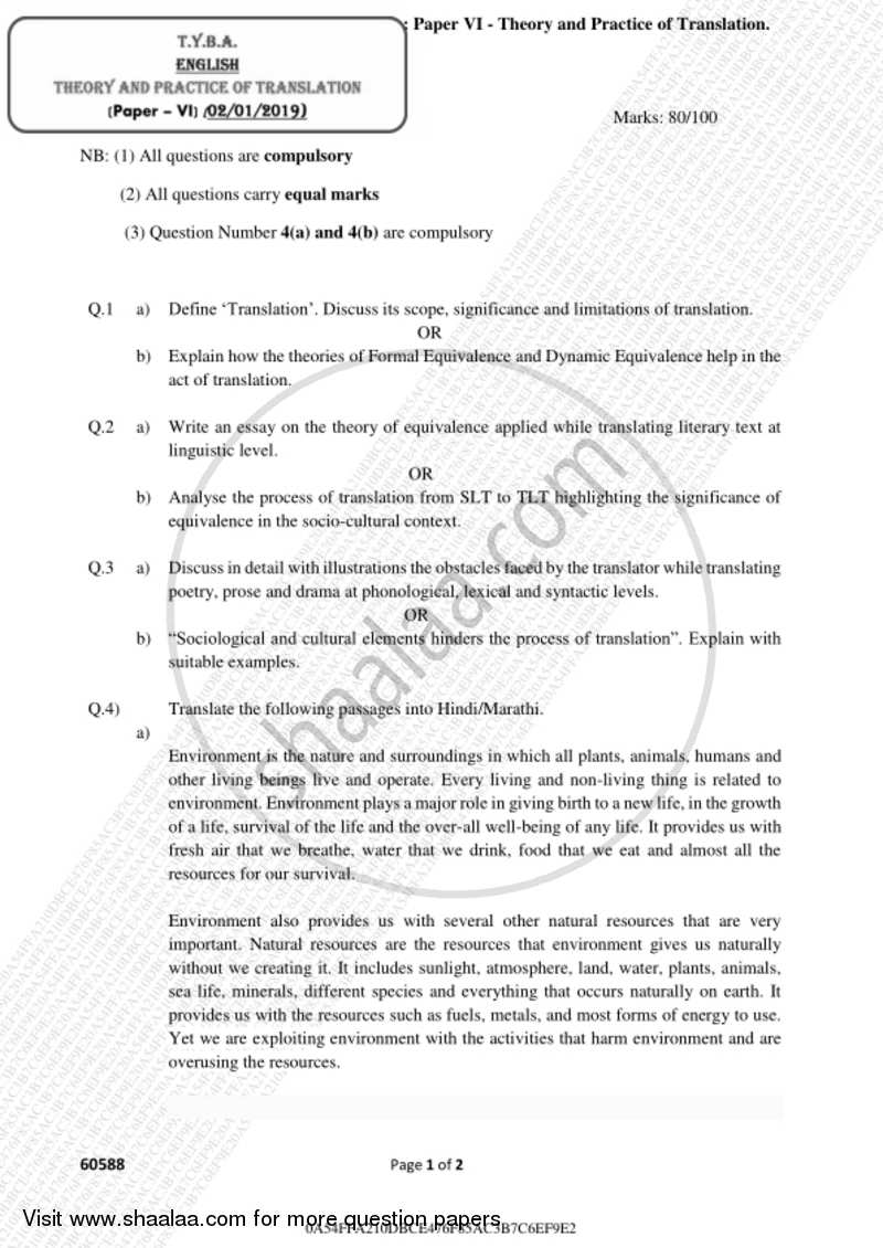 Theory and Practice of Translation 2018-2019 - B.A. - 3rd Year (TYBA) - University of Mumbai question paper with PDF download