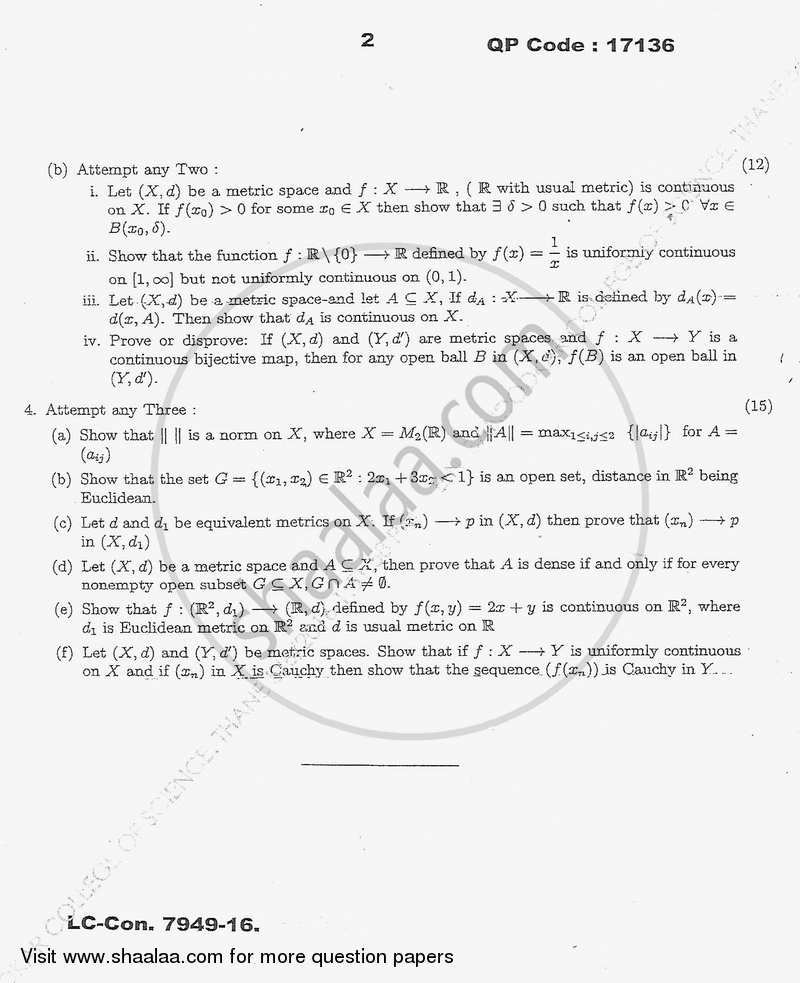 Topology of Metric Spaces 1 2015-2016 - B.A. - Semester 5 (TYBA) - University of Mumbai question paper with PDF download
