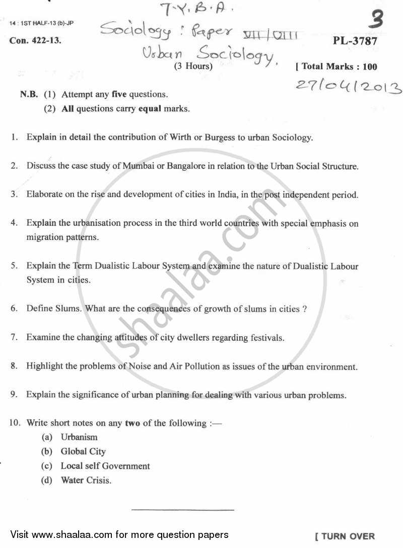 Urban Sociology 2012-2013 - B.A. - 3rd Year (TYBA) - University of Mumbai question paper with PDF download