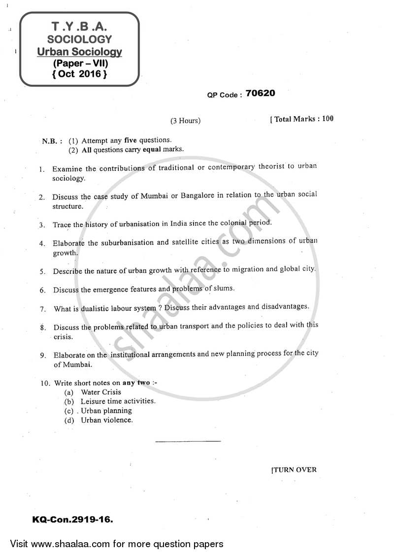 Urban Sociology 2016-2017 - B.A. - 3rd Year (TYBA) - University of Mumbai question paper with PDF download