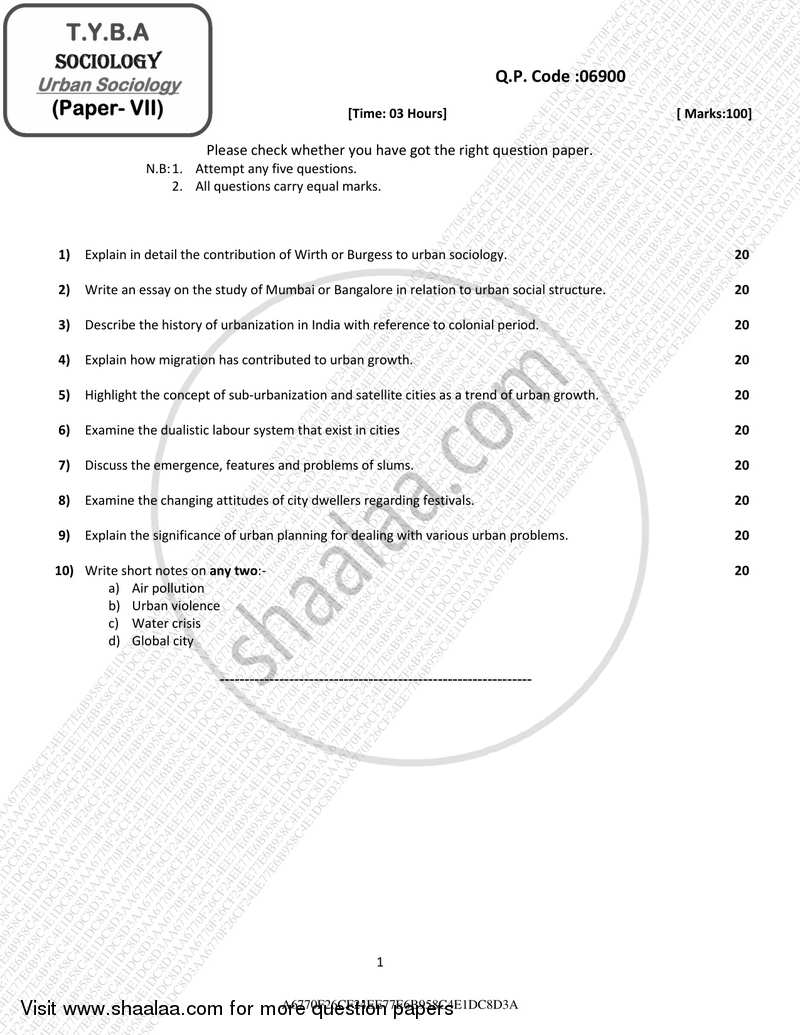 Urban Sociology 2016-2017 - B.A. - 3rd Year (TYBA) - University of Mumbai question paper with PDF download