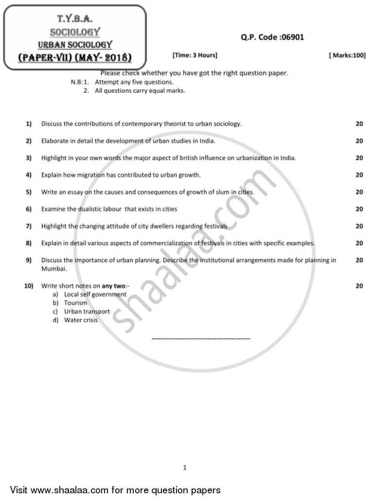 Urban Sociology 2017-2018 - B.A. - 3rd Year (TYBA) - University of Mumbai question paper with PDF download