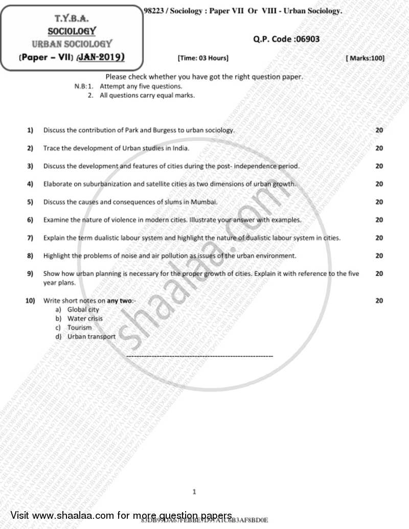 Urban Sociology 2018-2019 - B.A. - 3rd Year (TYBA) - University of Mumbai question paper with PDF download