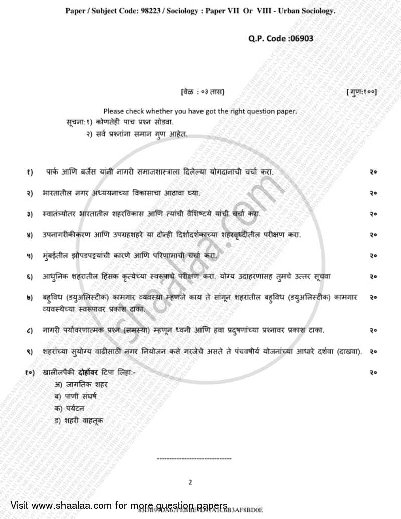Urban Sociology 2018-2019 - B.A. - 3rd Year (TYBA) - University of Mumbai question paper with PDF download