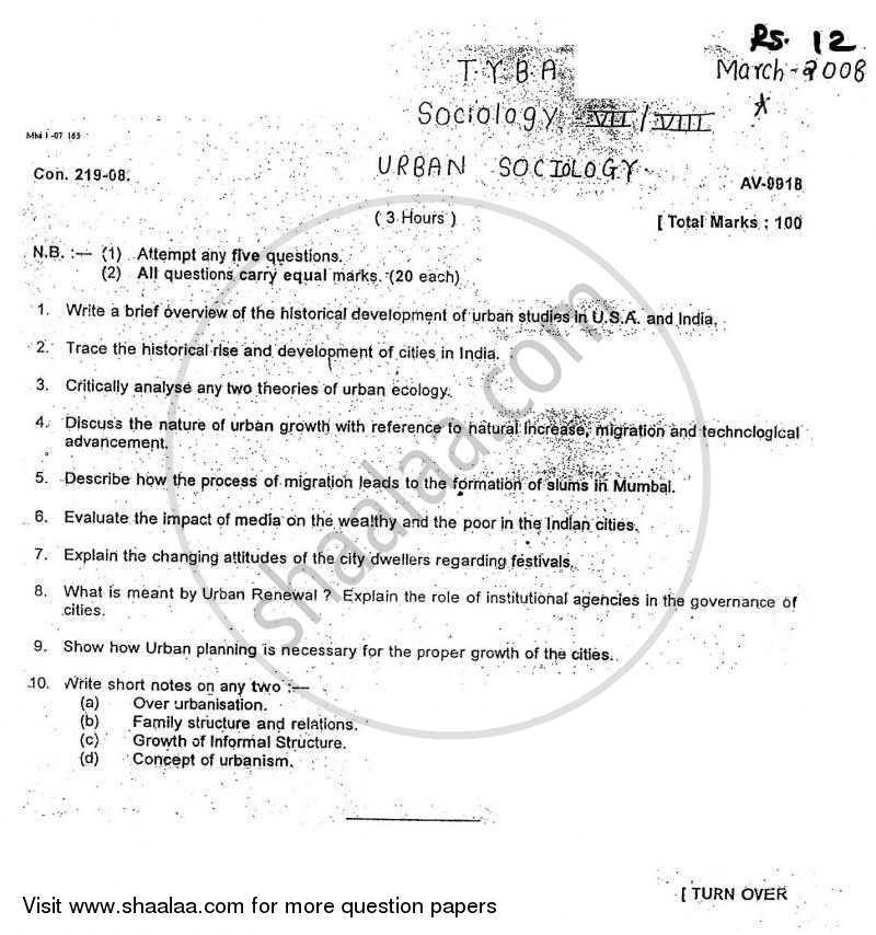Urban Sociology 2007-2008 - B.A. - Semester 6 (TYBA) - University of Mumbai question paper with PDF download