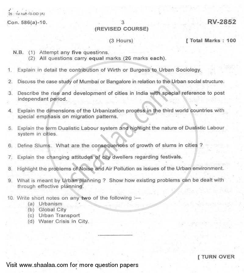 Urban Sociology 2009-2010 - B.A. - Semester 6 (TYBA) - University of Mumbai question paper with PDF download