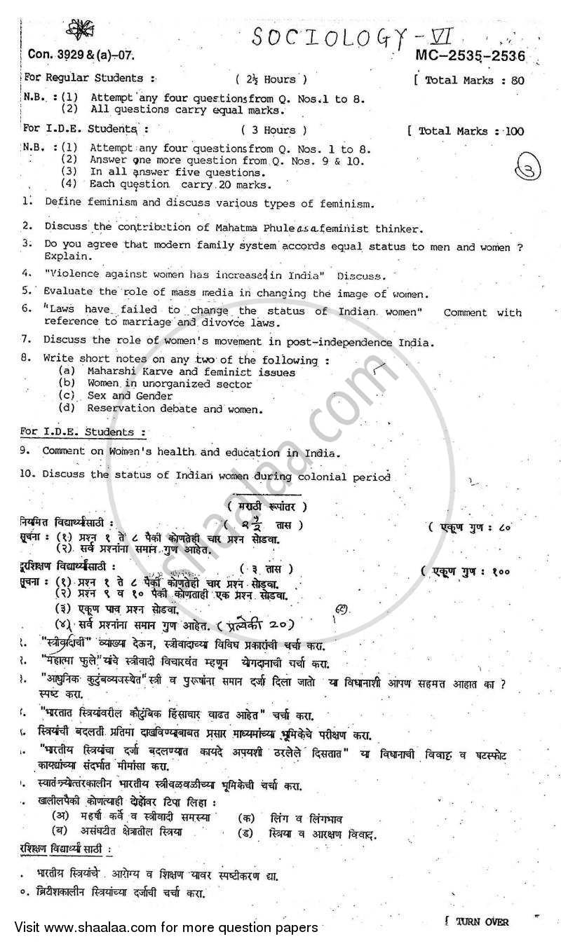 Women and Society 2007-2008 - B.A. - Semester 6 (TYBA) - University of Mumbai question paper with PDF download