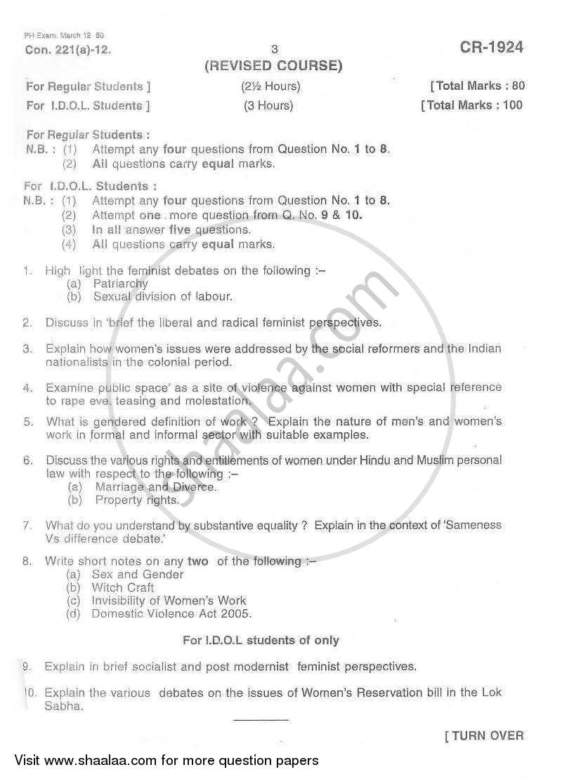 Women and Society 2011-2012 - B.A. - Semester 6 (TYBA) - University of Mumbai question paper with PDF download