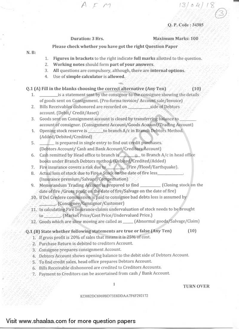 Question Paper - Accountancy And Financial Management 2 2017-2018 - B.Com.