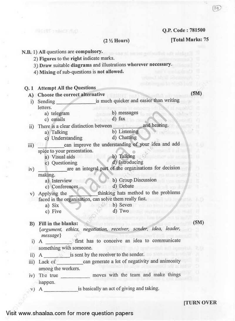 Question Paper B Sc Computer Science Semester 1 FYBSc Soft Skills