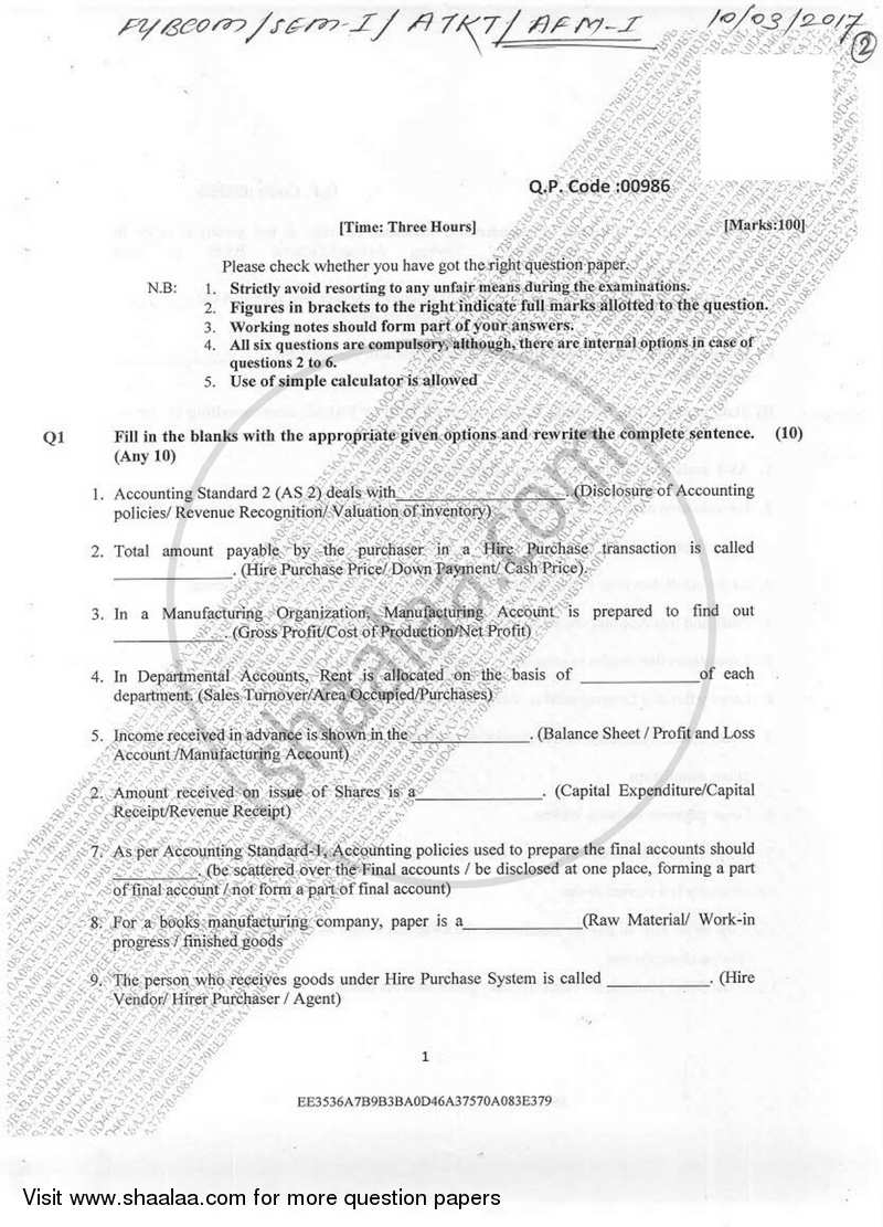 Accountancy And Financial Management 1 2016-2017 - B.Com. - Semester 1 (FYBcom) - University of Mumbai question paper with PDF download