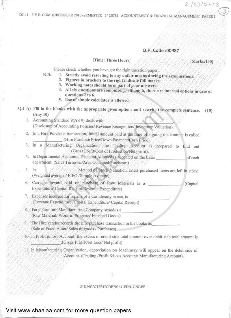 Accountancy And Financial Management 1 2017-2018 - B.Com. - Semester 1 (FYBcom) - University of Mumbai question paper with PDF download