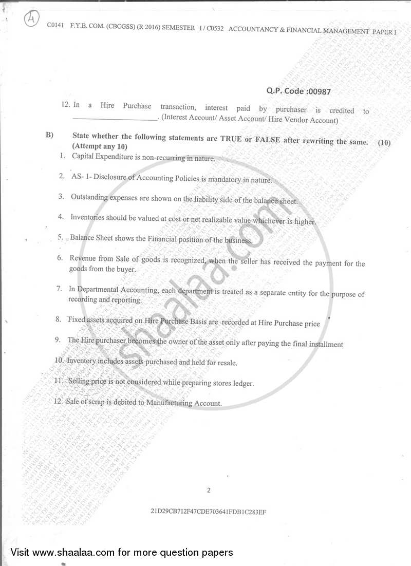 Accountancy And Financial Management 1 2017-2018 - B.Com. - Semester 1 (FYBcom) - University of Mumbai question paper with PDF download