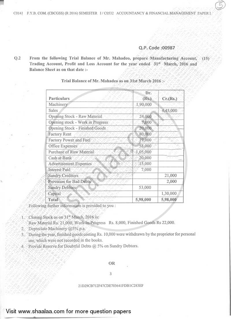 Accountancy And Financial Management 1 2017-2018 - B.Com. - Semester 1 (FYBcom) - University of Mumbai question paper with PDF download