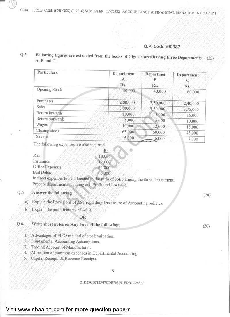 Accountancy And Financial Management 1 2017-2018 - B.Com. - Semester 1 (FYBcom) - University of Mumbai question paper with PDF download
