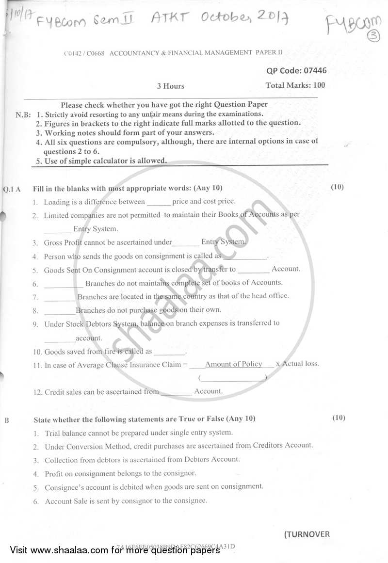 Accountancy And Financial Management 2 2016-2017 - B.Com. - Semester 2 (FYBcom) - University of Mumbai question paper with PDF download