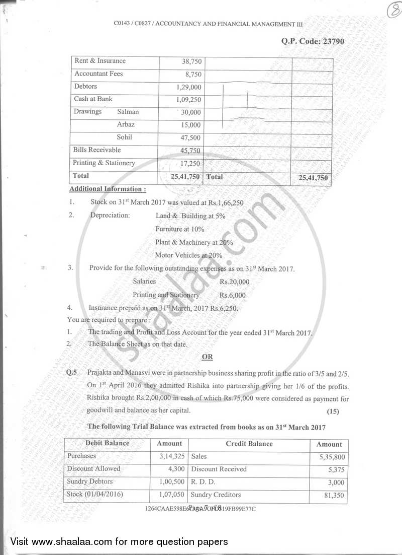 Accountancy And Financial Management 3 2017-2018 - B.Com. - Semester 3 (SYBcom) - University of Mumbai question paper with PDF download