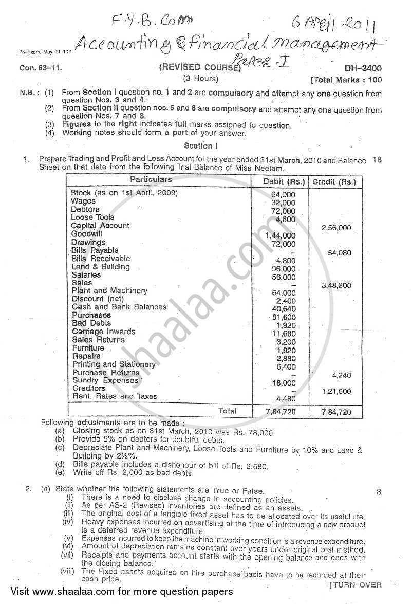 Accounts 1 - Accounting and Financial Management 2010-2011 - B.Com. - 1st Year (FYBcom) - University of Mumbai question paper with PDF download