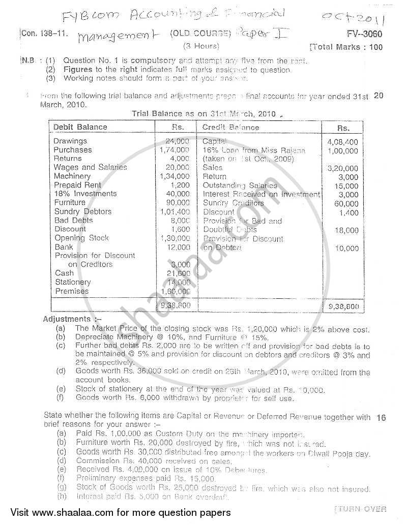 Accounts 1 - Accounting and Financial Management 2011-2012 - B.Com. - 1st Year (FYBcom) - University of Mumbai question paper with PDF download