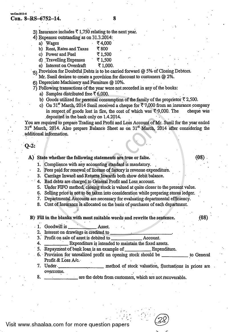 Accounts 1 - Accounting and Financial Management 2013-2014 - B.Com. - 1st Year (FYBcom) - University of Mumbai question paper with PDF download