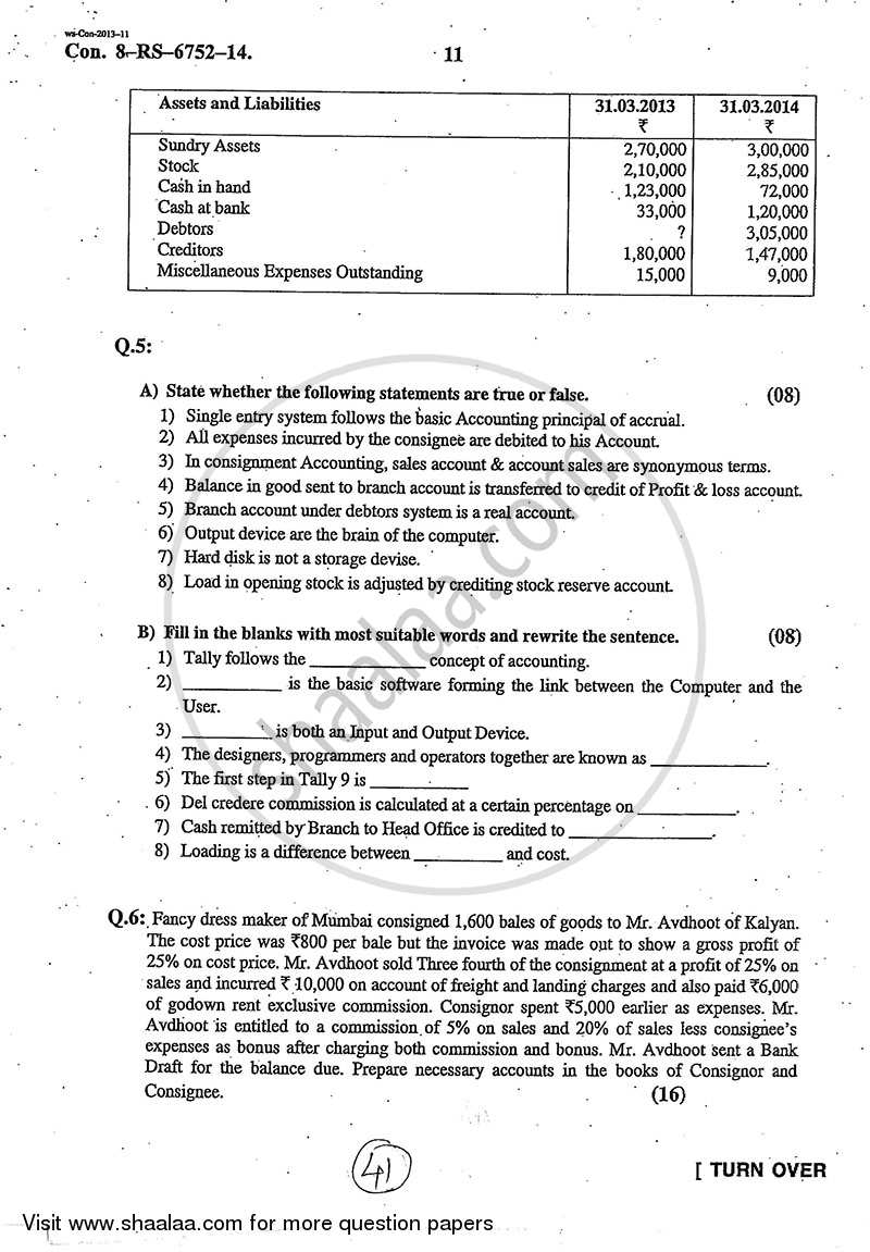 Accounts 1 - Accounting and Financial Management 2013-2014 - B.Com. - 1st Year (FYBcom) - University of Mumbai question paper with PDF download
