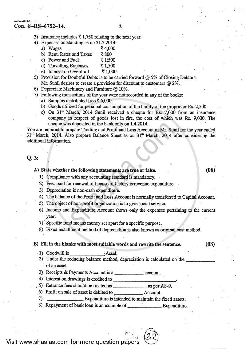 Accounts 1 - Accounting and Financial Management 2013-2014 - B.Com. - 1st Year (FYBcom) - University of Mumbai question paper with PDF download