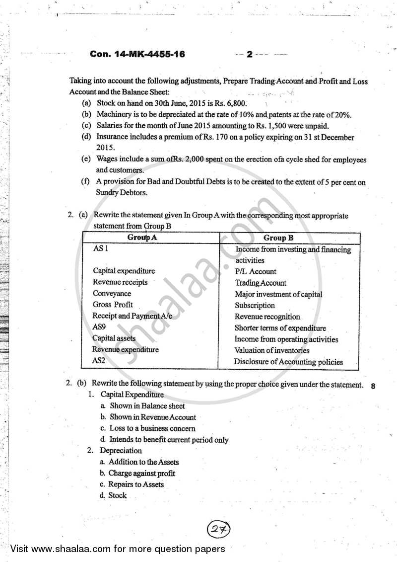 Accounts 1 - Accounting and Financial Management 2016-2017 - B.Com. - 1st Year (FYBcom) - University of Mumbai question paper with PDF download