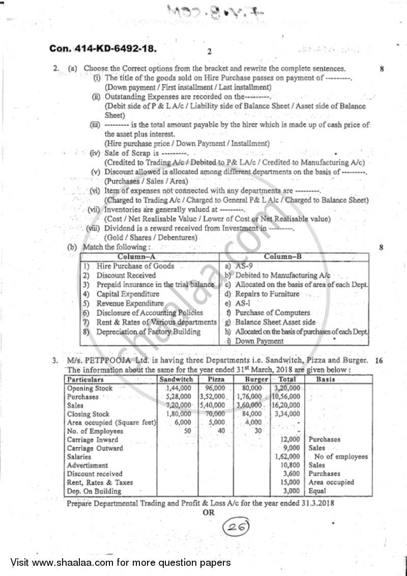 Accounts 1 - Accounting and Financial Management 2018-2019 - B.Com. - 1st Year (FYBcom) - University of Mumbai question paper with PDF download