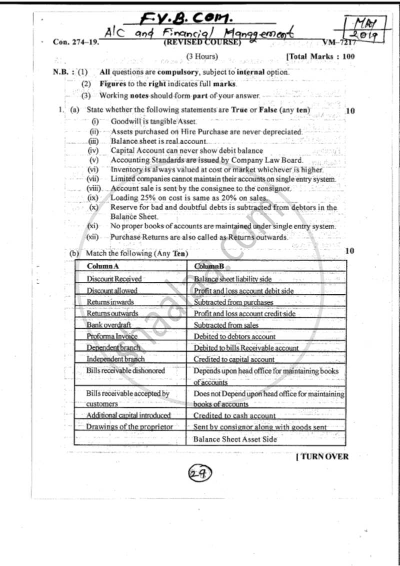 Accounts 1 - Accounting and Financial Management 2018-2019 - B.Com. - 1st Year (FYBcom) - University of Mumbai question paper with PDF download