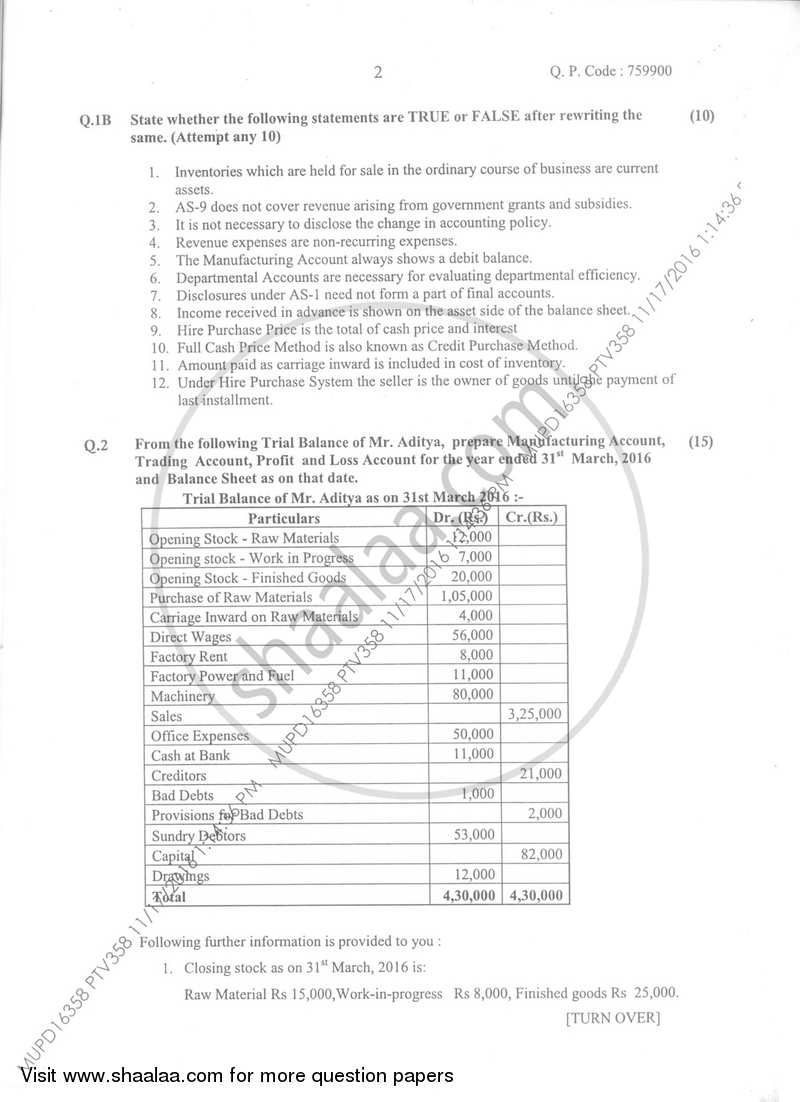 Accounts 1 Accounting and Financial Management 2016-2017 - B.Com. - Semester 1 (FYBcom) - University of Mumbai question paper with PDF download