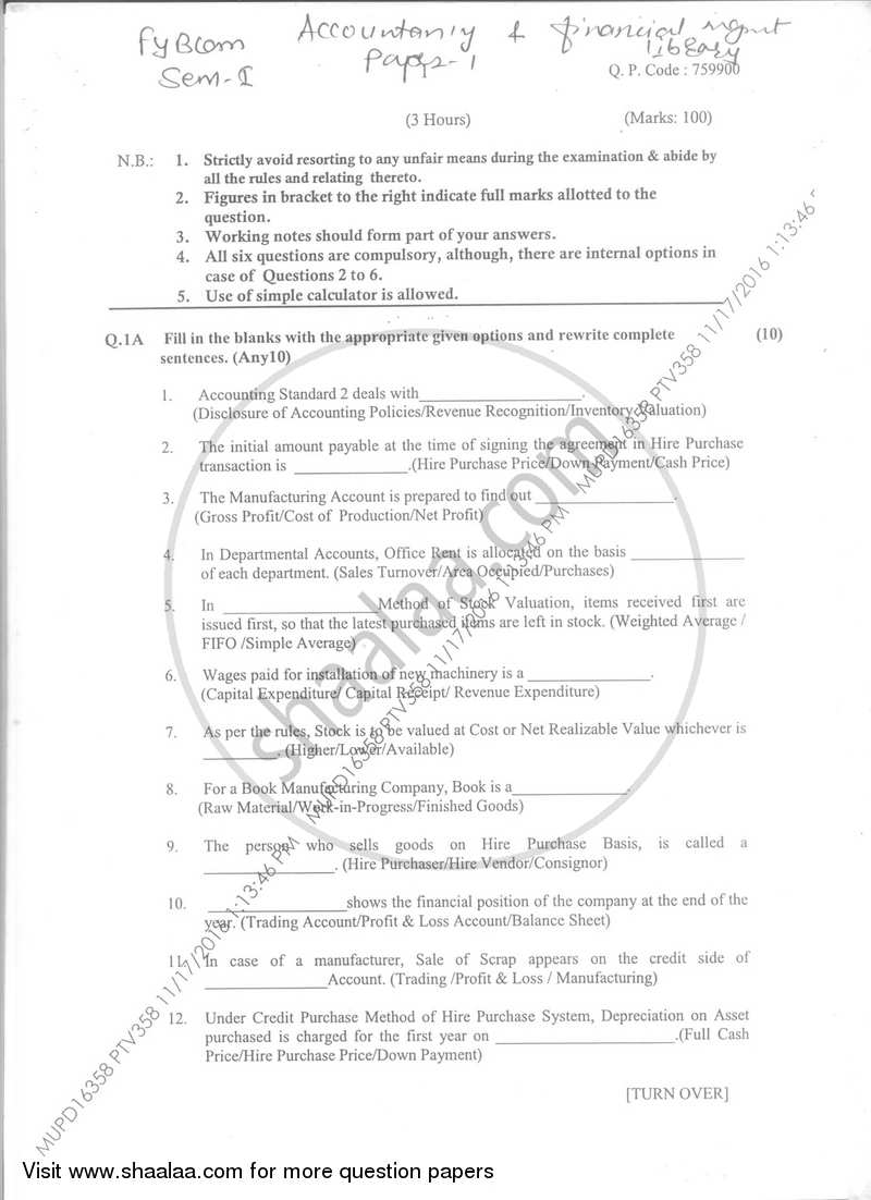 Accounts 1 Accounting and Financial Management 2016-2017 - B.Com. - Semester 1 (FYBcom) - University of Mumbai question paper with PDF download
