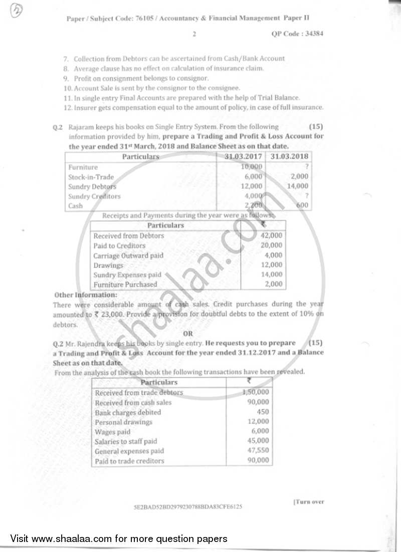 Accounts 1 Accounting and Financial Management 2018-2019 - B.Com. - Semester 2 (FYBcom) - University of Mumbai question paper with PDF download