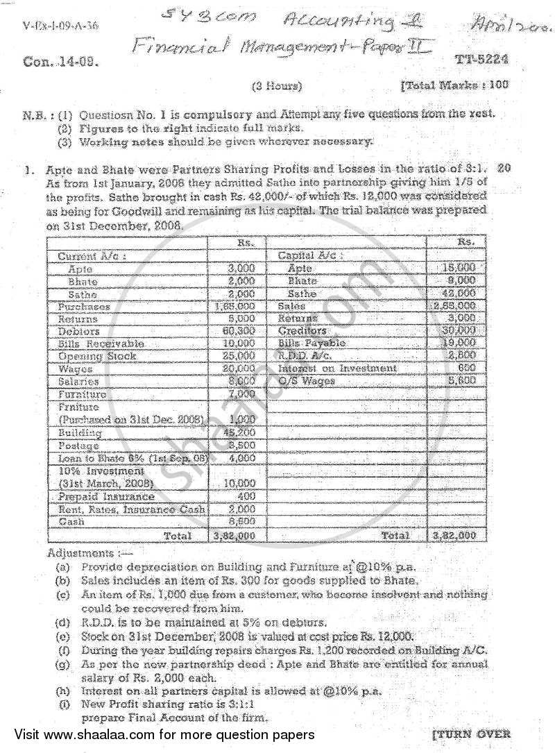 Accounts 2 - Accounting and Financial Management 2008-2009 - B.Com. - 2nd Year (SYBcom) - University of Mumbai question paper with PDF download