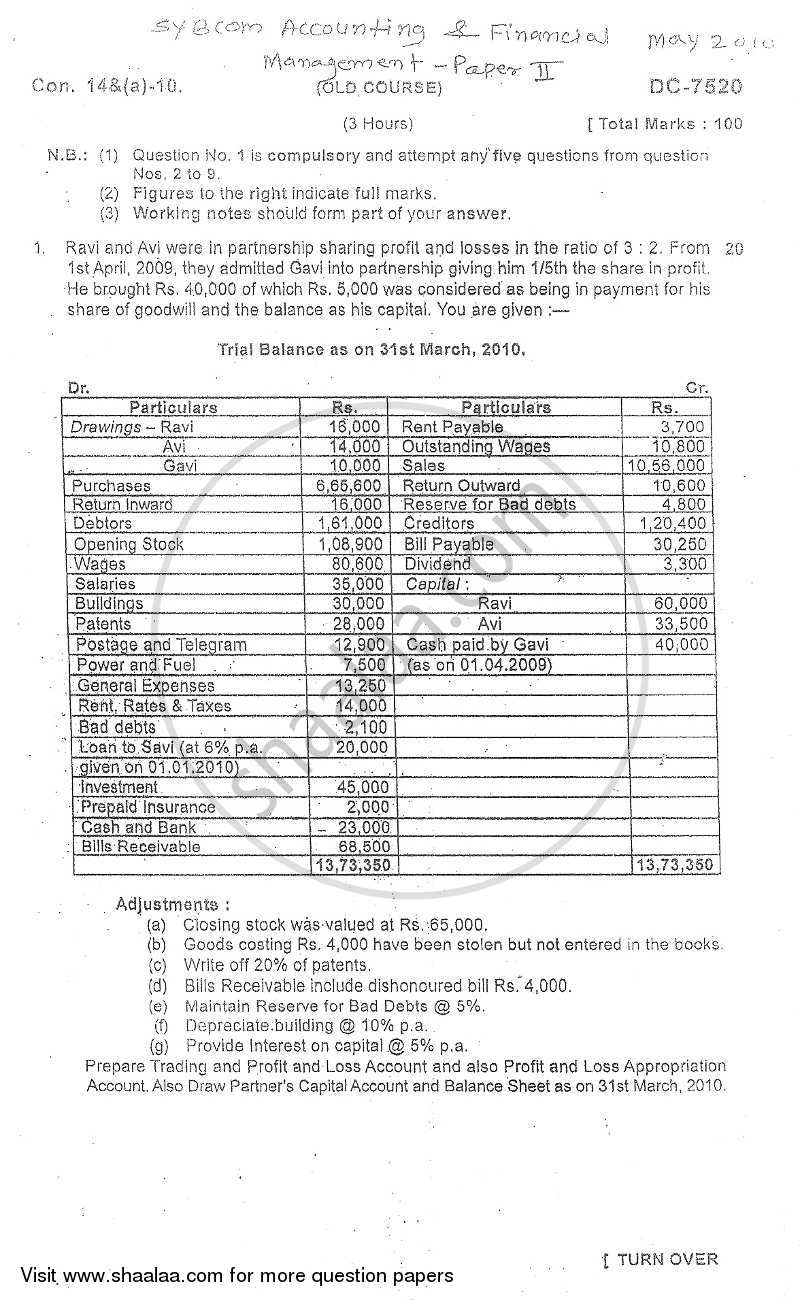 Accounts 2 - Accounting and Financial Management 2009-2010 - B.Com. - 2nd Year (SYBcom) - University of Mumbai question paper with PDF download