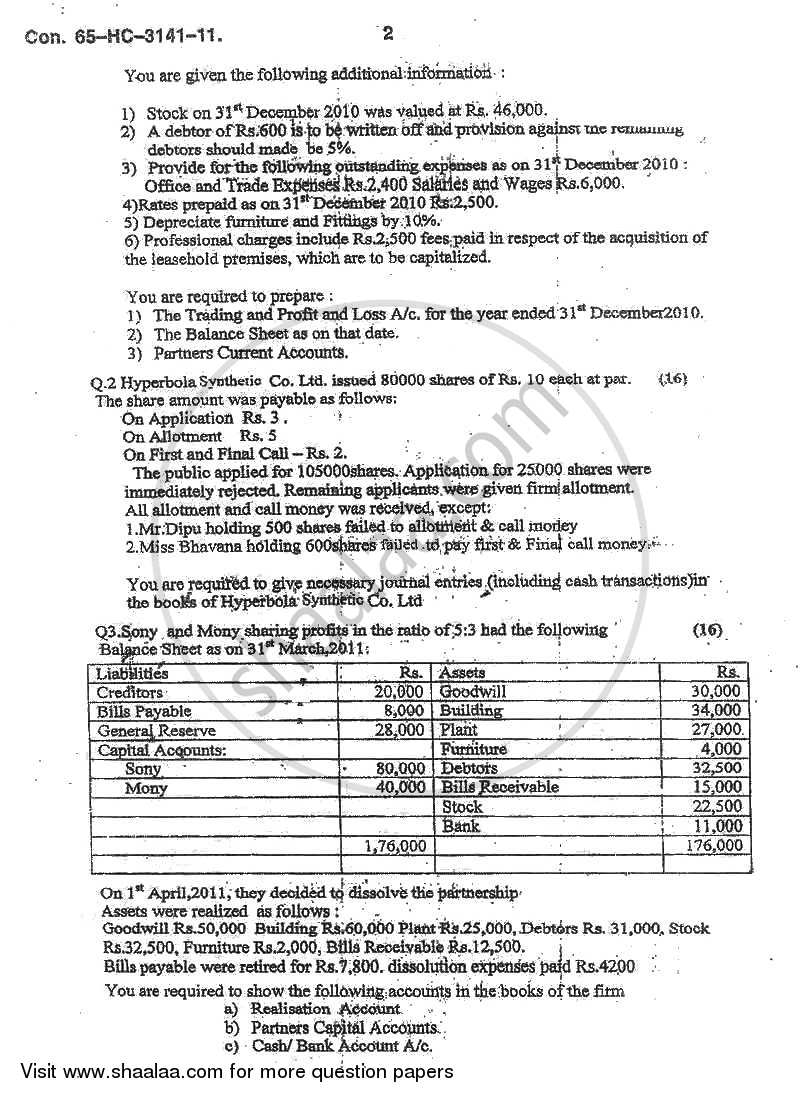 Accounts 2 - Accounting and Financial Management 2010-2011 - B.Com. - 2nd Year (SYBcom) - University of Mumbai question paper with PDF download