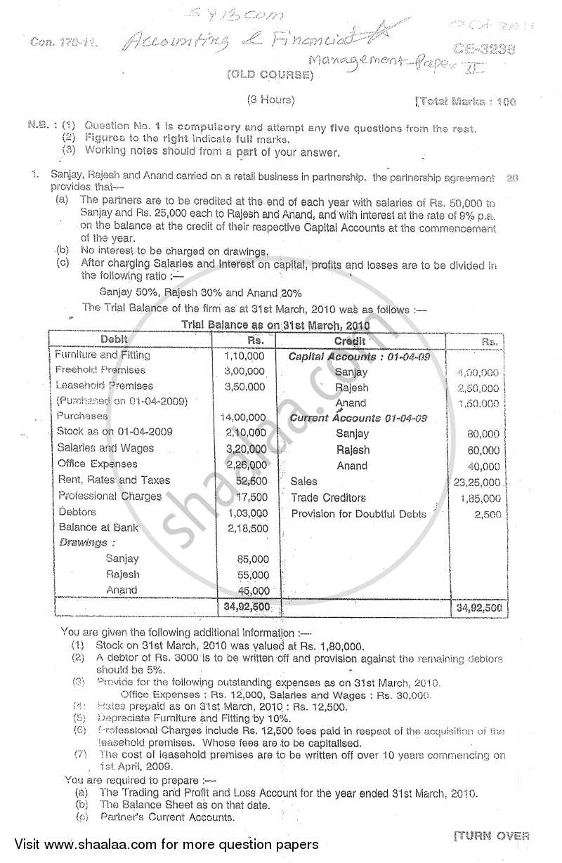 Accounts 2 - Accounting and Financial Management 2011-2012 - B.Com. - 2nd Year (SYBcom) - University of Mumbai question paper with PDF download