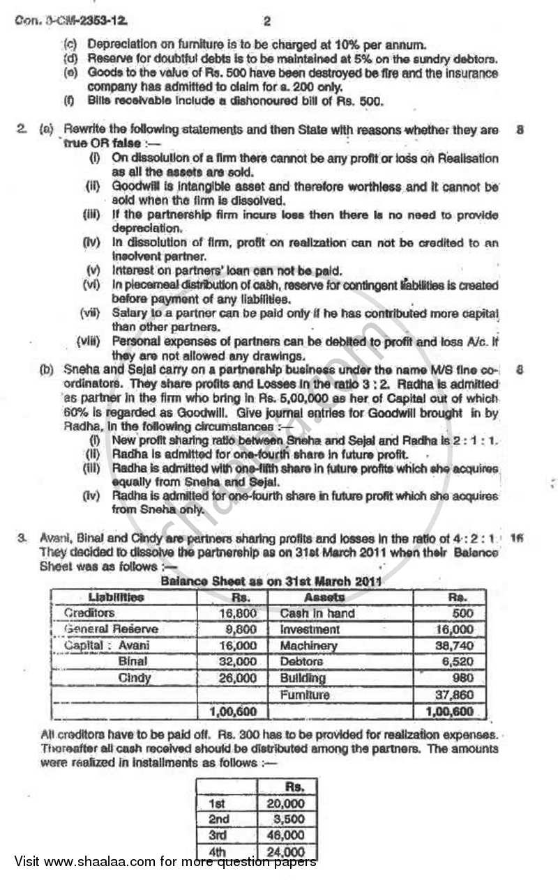 Accounts 2 - Accounting and Financial Management 2011-2012 - B.Com. - 2nd Year (SYBcom) - University of Mumbai question paper with PDF download