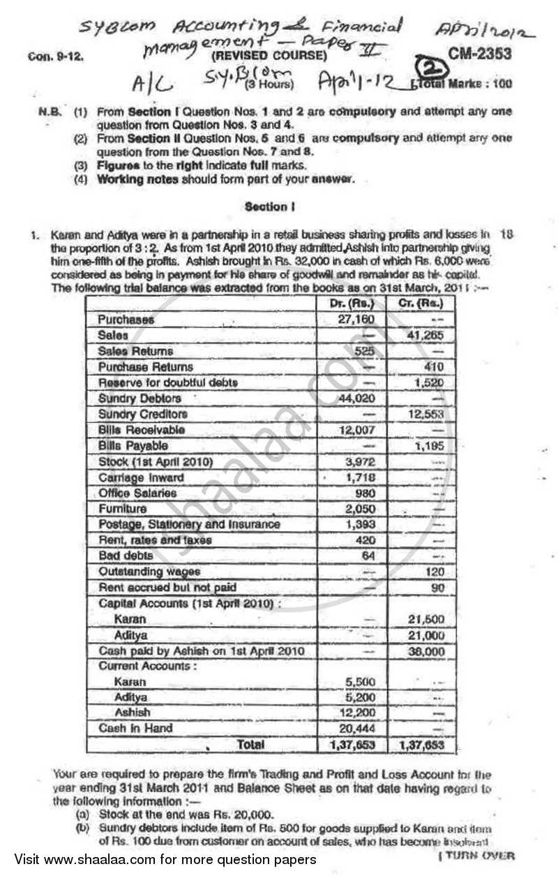 Accounts 2 - Accounting and Financial Management 2011-2012 - B.Com. - 2nd Year (SYBcom) - University of Mumbai question paper with PDF download