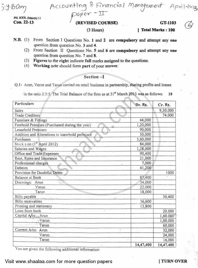 Accounts 2 - Accounting and Financial Management 2012-2013 - B.Com. - 2nd Year (SYBcom) - University of Mumbai question paper with PDF download