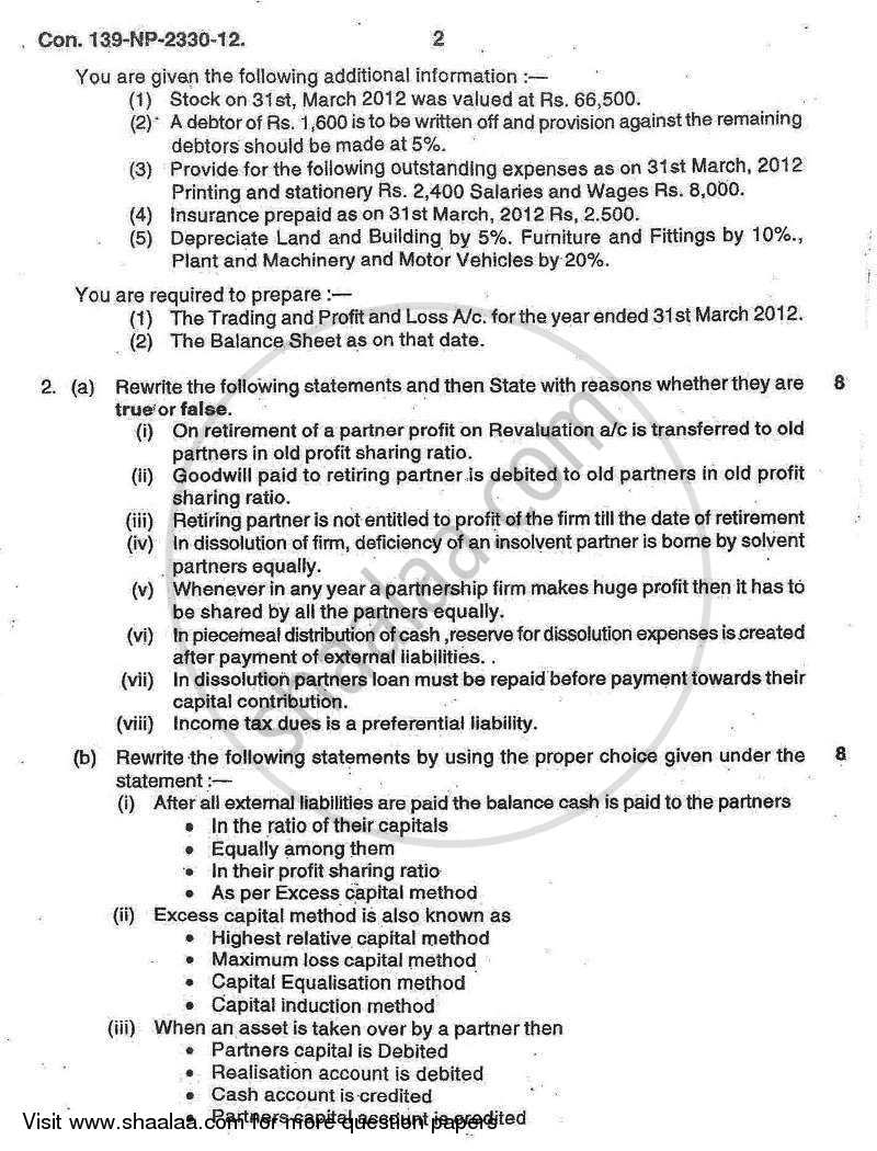 Accounts 2 - Accounting and Financial Management 2012-2013 - B.Com. - 2nd Year (SYBcom) - University of Mumbai question paper with PDF download