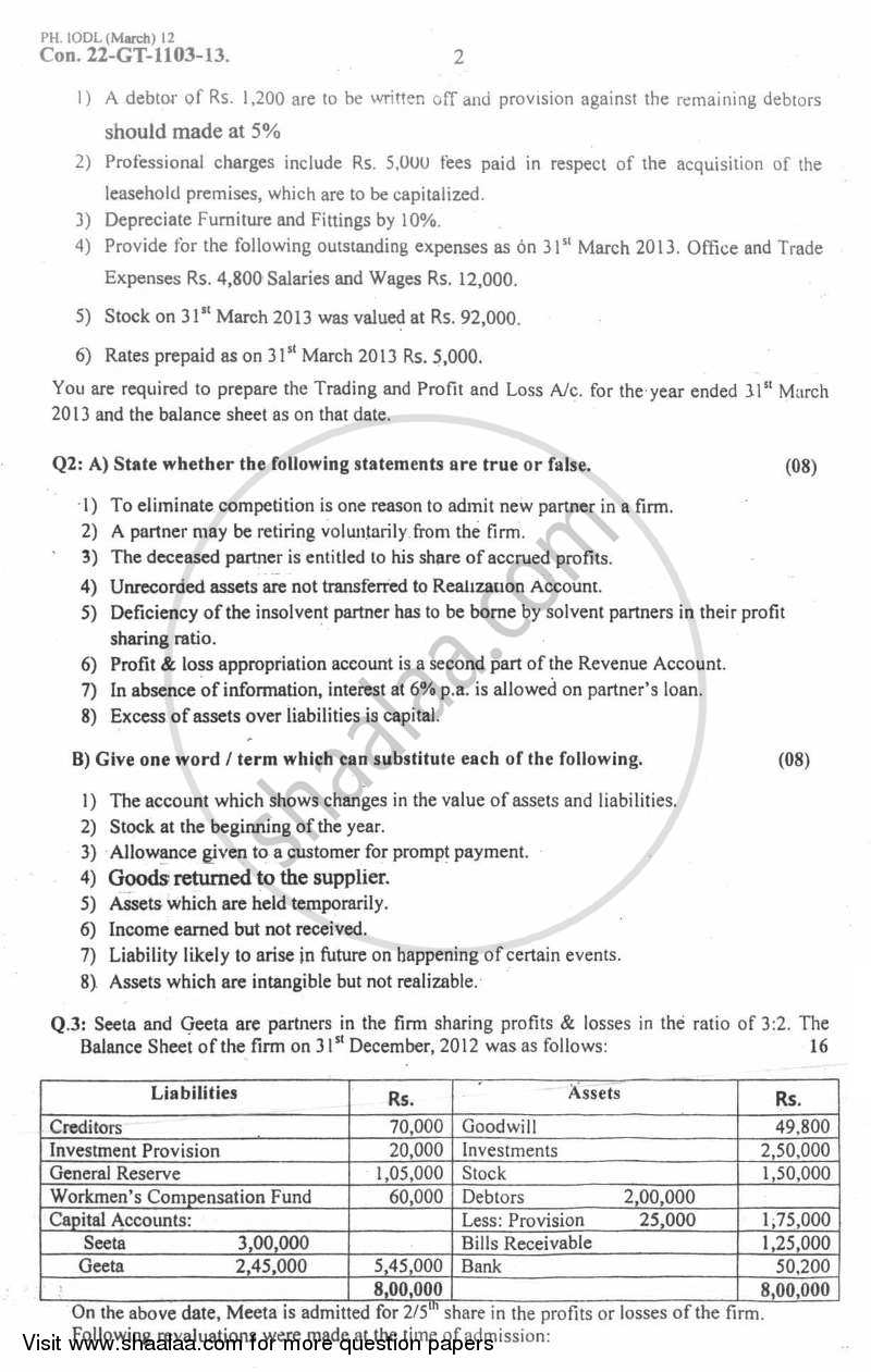 Accounts 2 - Accounting and Financial Management 2012-2013 - B.Com. - 2nd Year (SYBcom) - University of Mumbai question paper with PDF download