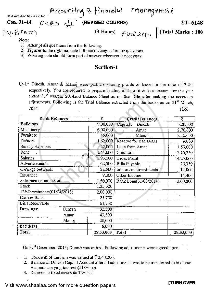 Accounts 2 - Accounting and Financial Management 2013-2014 - B.Com. - 2nd Year (SYBcom) - University of Mumbai question paper with PDF download