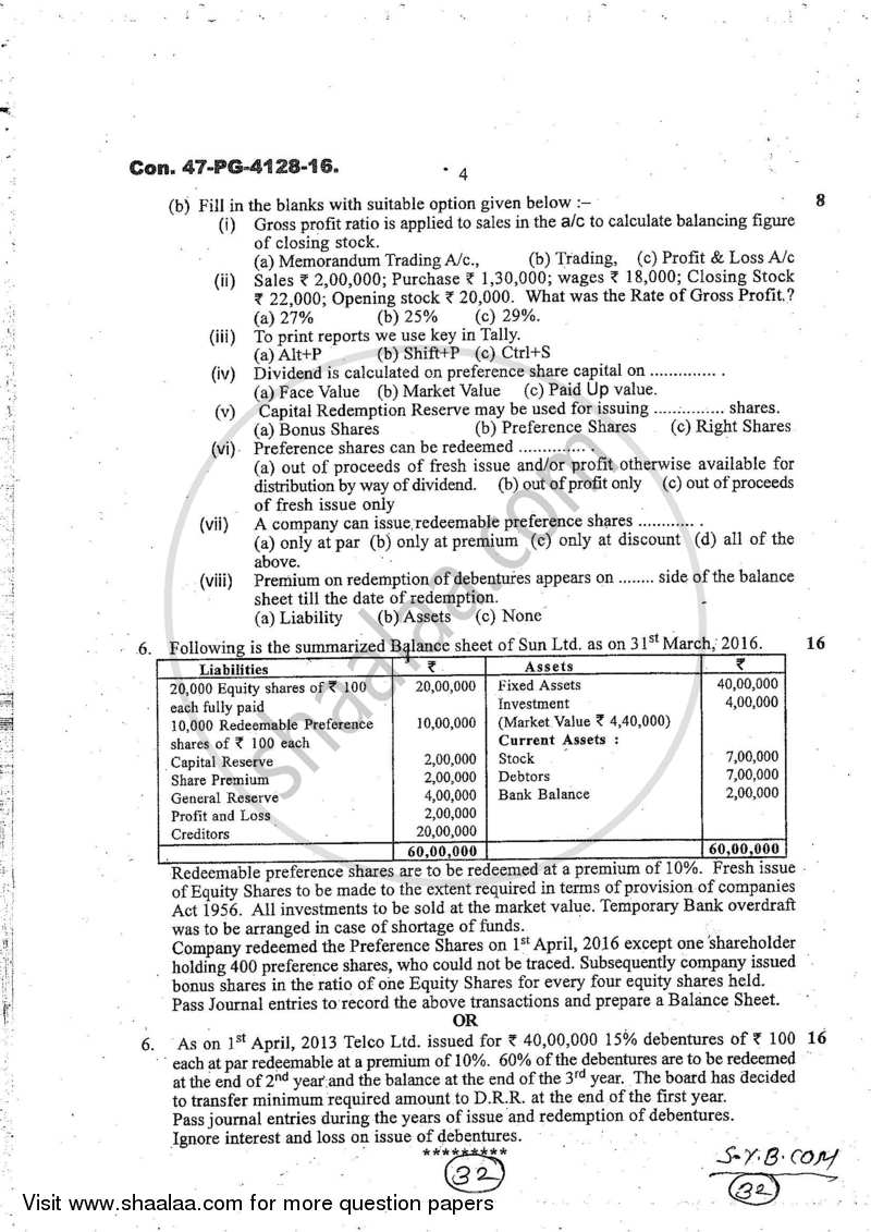 Accounts 2 - Accounting and Financial Management 2016-2017 - B.Com. - 2nd Year (SYBcom) - University of Mumbai question paper with PDF download